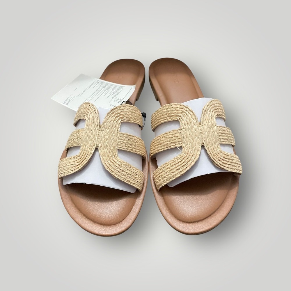 The Drop Monica Raffia H-Band Flat Slide Sandals 11 Tan Beige Slip On Minimalist
